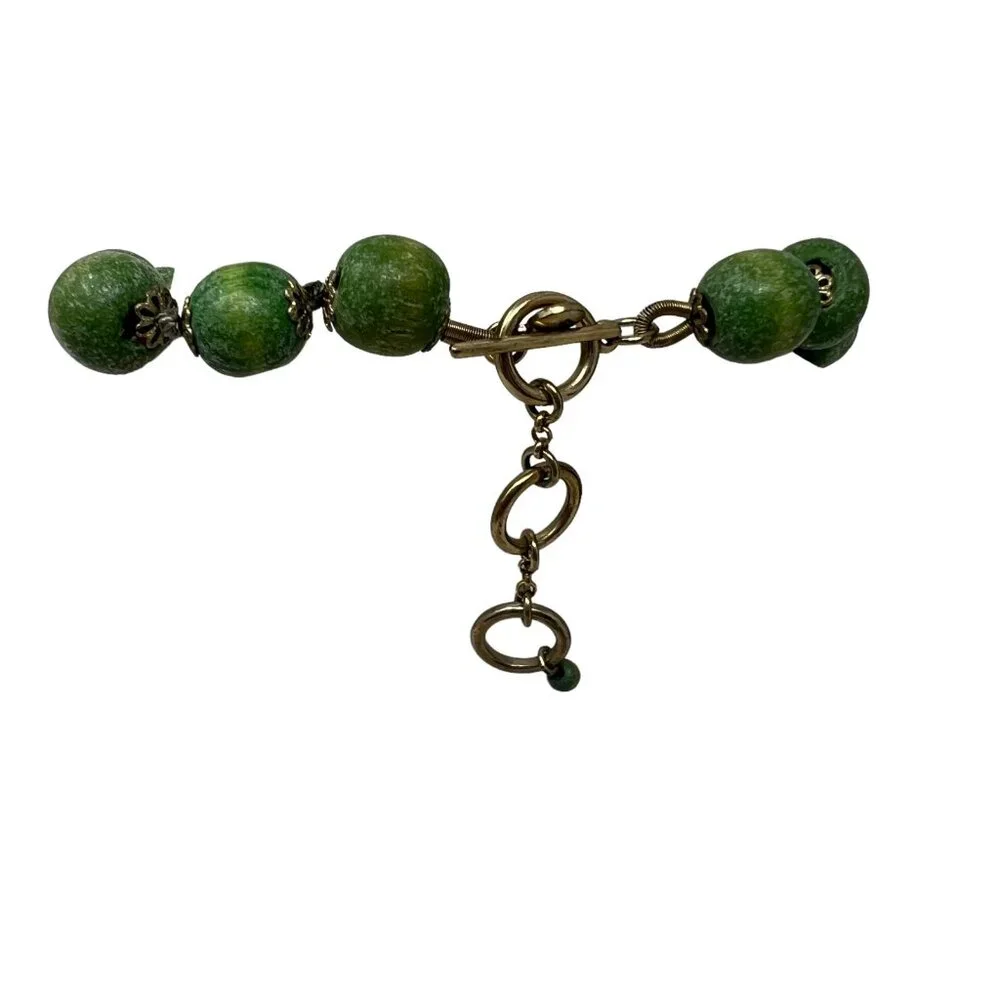 Liz Claiborne Necklace Green Wood Glass Beads Gold Tone Toggle Clasp‎